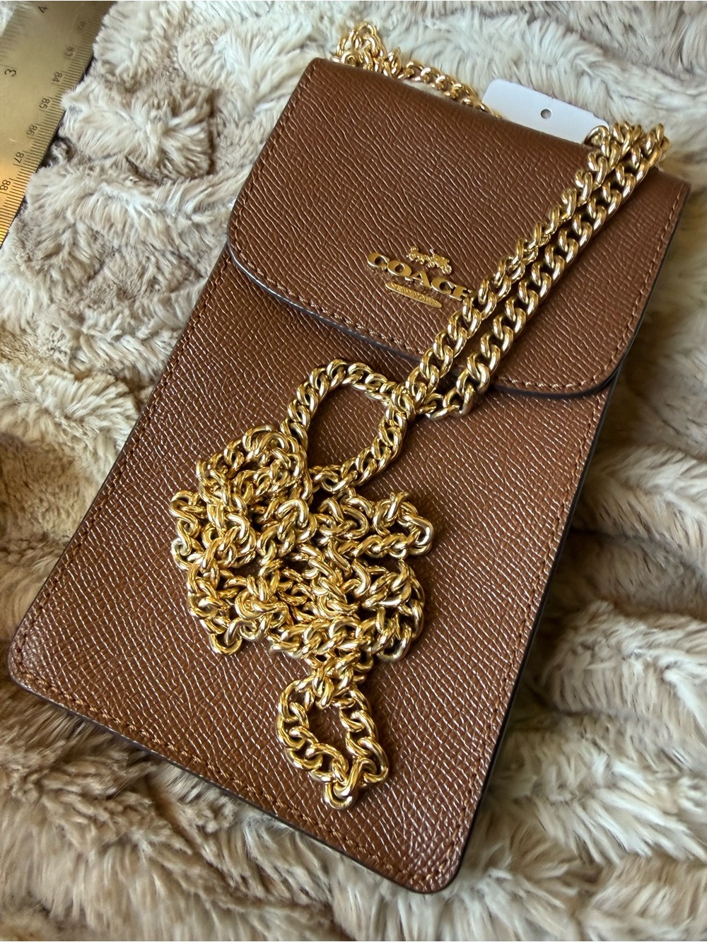 Coach saddle Brown Leather phone card Crossbody Pouch with Gold Chain - Picture 6 of 6